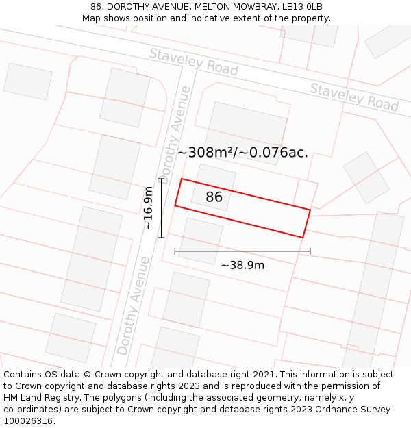 86, DOROTHY AVENUE, MELTON MOWBRAY, LE13 0LB: Plot and title map