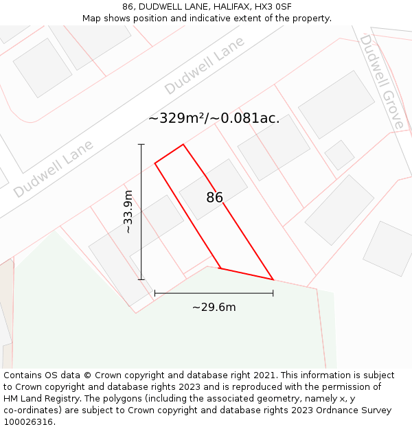 86, DUDWELL LANE, HALIFAX, HX3 0SF: Plot and title map