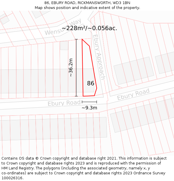 86, EBURY ROAD, RICKMANSWORTH, WD3 1BN: Plot and title map