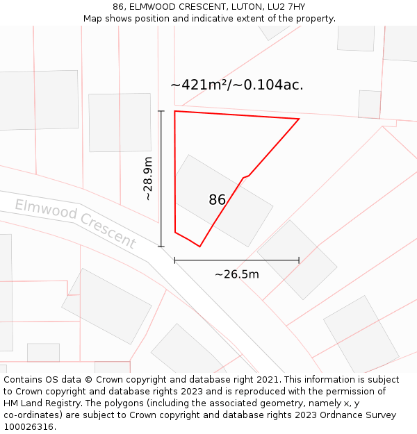 86, ELMWOOD CRESCENT, LUTON, LU2 7HY: Plot and title map