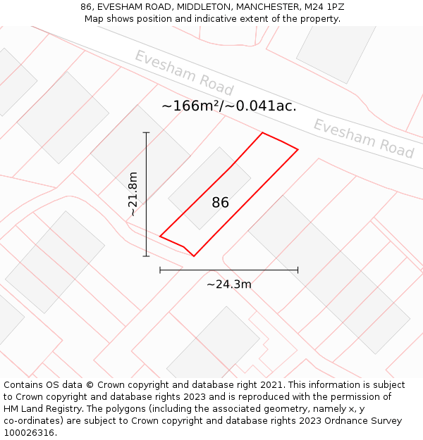 86, EVESHAM ROAD, MIDDLETON, MANCHESTER, M24 1PZ: Plot and title map