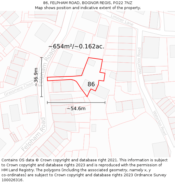 86, FELPHAM ROAD, BOGNOR REGIS, PO22 7NZ: Plot and title map