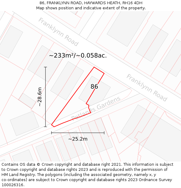 86, FRANKLYNN ROAD, HAYWARDS HEATH, RH16 4DH: Plot and title map