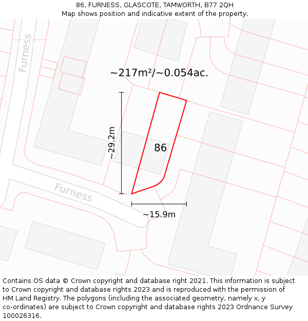 86, FURNESS, GLASCOTE, TAMWORTH, B77 2QH: Plot and title map