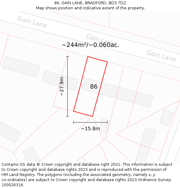 86, GAIN LANE, BRADFORD, BD3 7DZ: Plot and title map