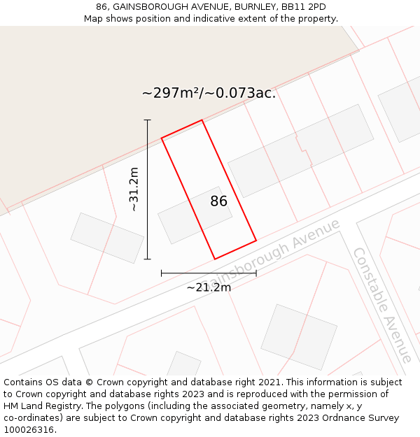 86, GAINSBOROUGH AVENUE, BURNLEY, BB11 2PD: Plot and title map