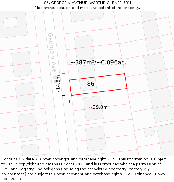 86, GEORGE V AVENUE, WORTHING, BN11 5RN: Plot and title map