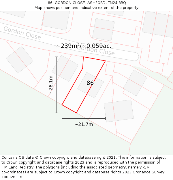 86, GORDON CLOSE, ASHFORD, TN24 8RQ: Plot and title map