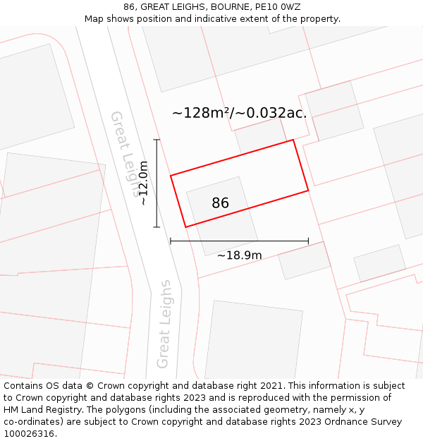 86, GREAT LEIGHS, BOURNE, PE10 0WZ: Plot and title map