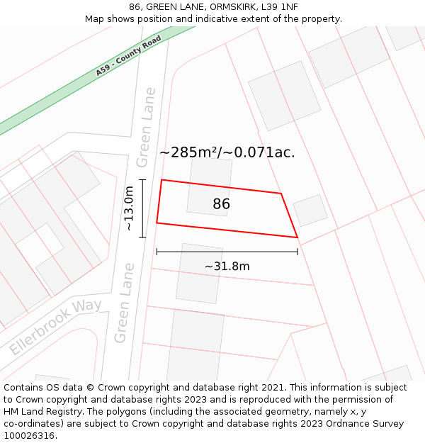 86, GREEN LANE, ORMSKIRK, L39 1NF: Plot and title map