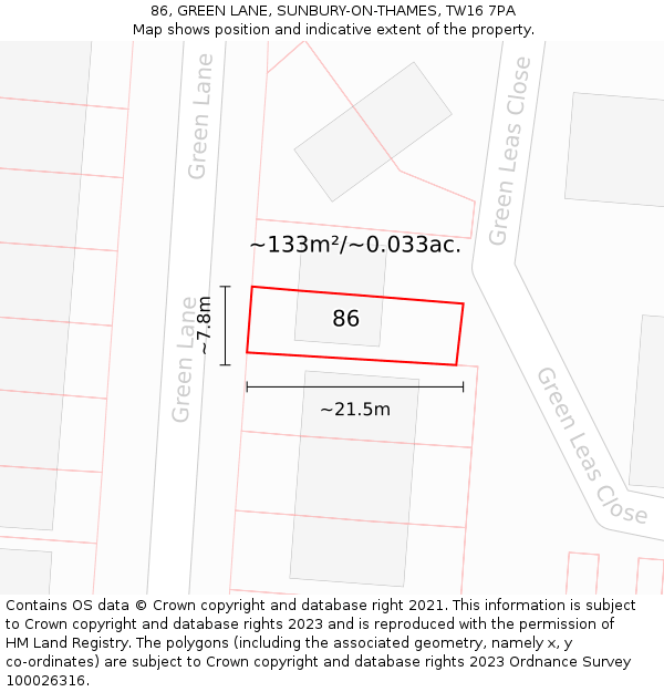 86, GREEN LANE, SUNBURY-ON-THAMES, TW16 7PA: Plot and title map