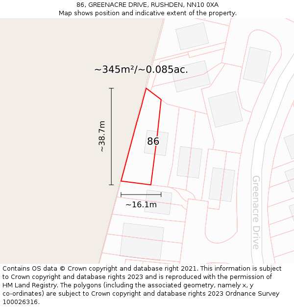 86, GREENACRE DRIVE, RUSHDEN, NN10 0XA: Plot and title map