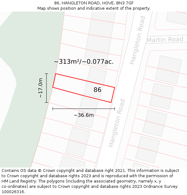 86, HANGLETON ROAD, HOVE, BN3 7GF: Plot and title map