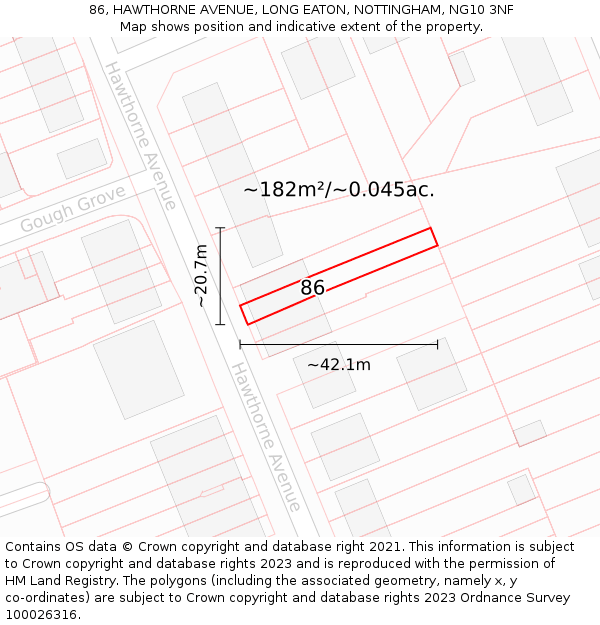 86, HAWTHORNE AVENUE, LONG EATON, NOTTINGHAM, NG10 3NF: Plot and title map