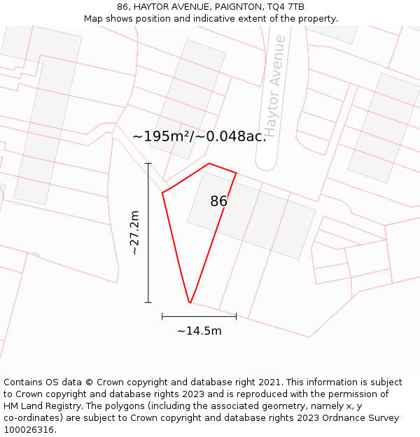 86, HAYTOR AVENUE, PAIGNTON, TQ4 7TB: Plot and title map