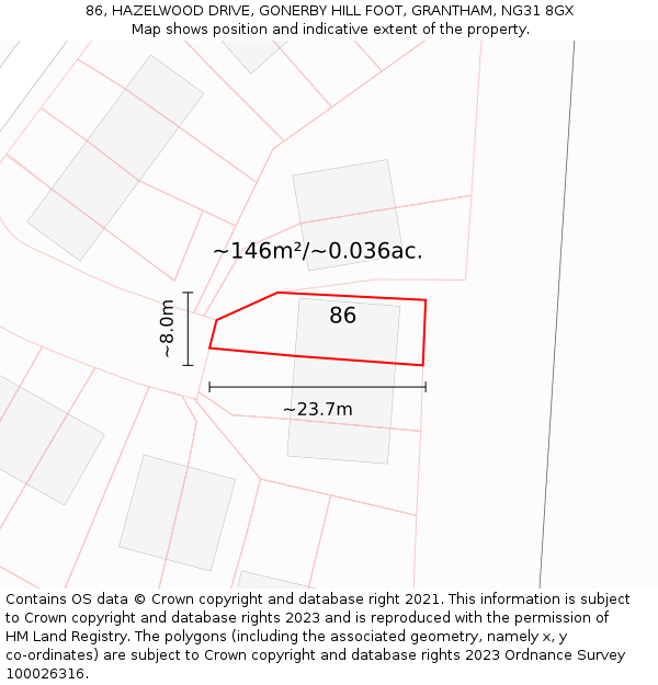 86, HAZELWOOD DRIVE, GONERBY HILL FOOT, GRANTHAM, NG31 8GX: Plot and title map