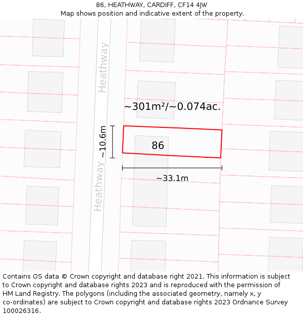 86, HEATHWAY, CARDIFF, CF14 4JW: Plot and title map