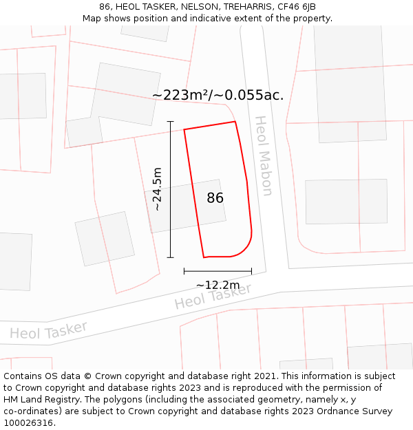 86, HEOL TASKER, NELSON, TREHARRIS, CF46 6JB: Plot and title map