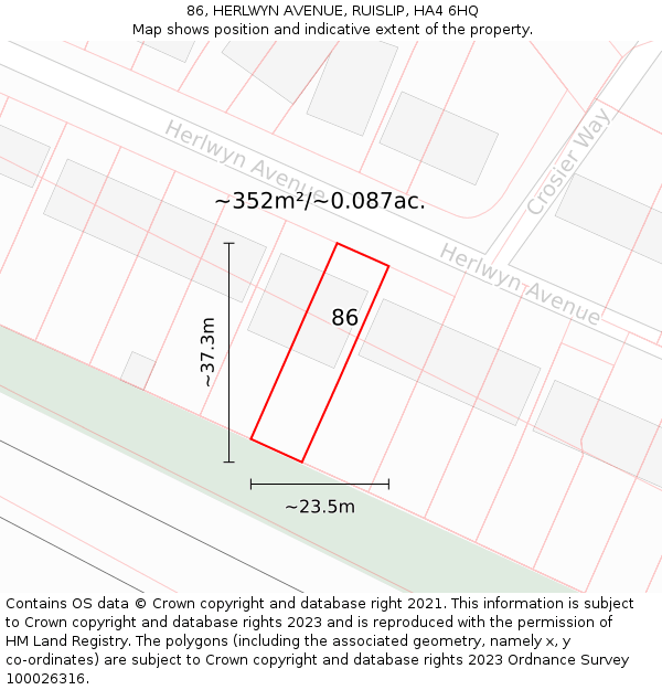 86, HERLWYN AVENUE, RUISLIP, HA4 6HQ: Plot and title map