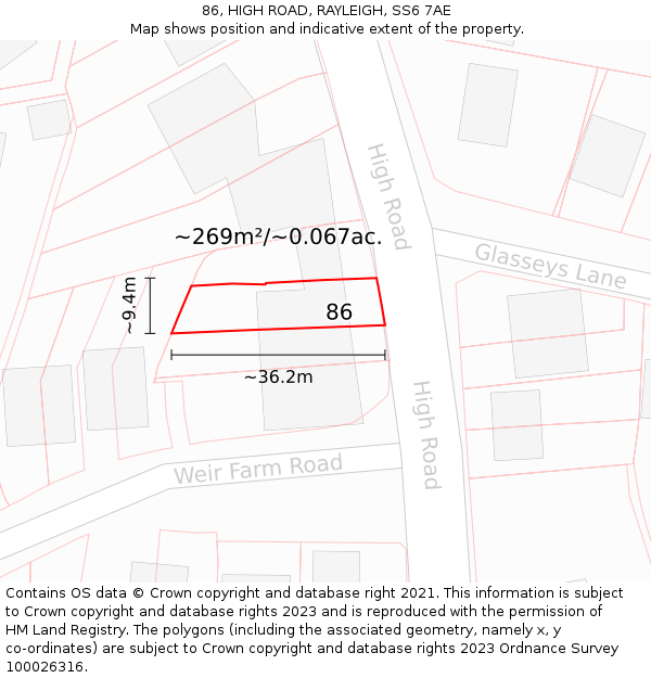 86, HIGH ROAD, RAYLEIGH, SS6 7AE: Plot and title map