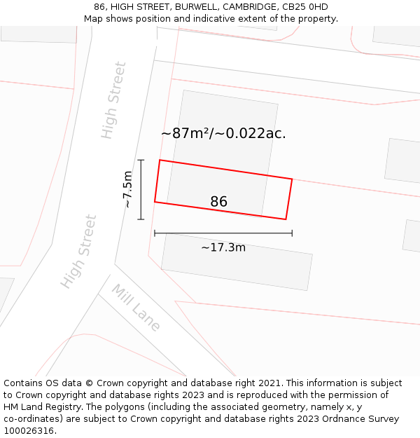 86, HIGH STREET, BURWELL, CAMBRIDGE, CB25 0HD: Plot and title map