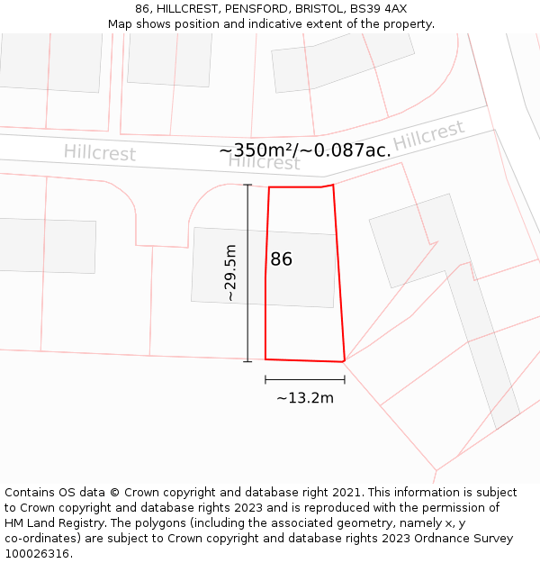 86, HILLCREST, PENSFORD, BRISTOL, BS39 4AX: Plot and title map