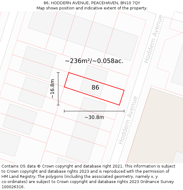 86, HODDERN AVENUE, PEACEHAVEN, BN10 7QY: Plot and title map