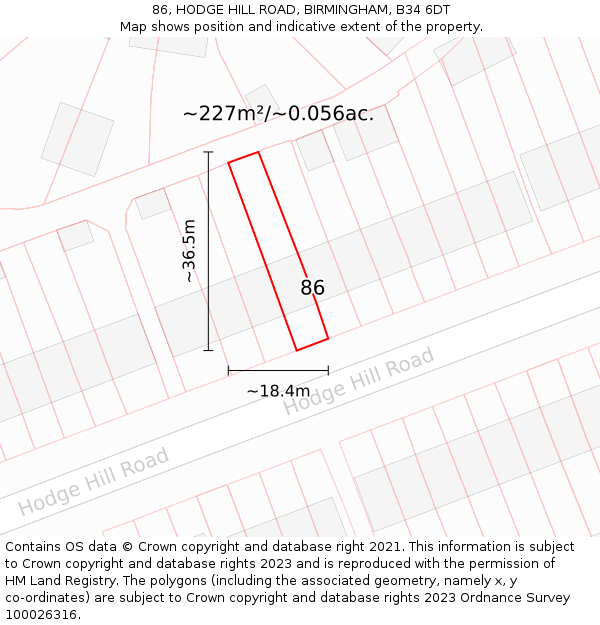 86, HODGE HILL ROAD, BIRMINGHAM, B34 6DT: Plot and title map