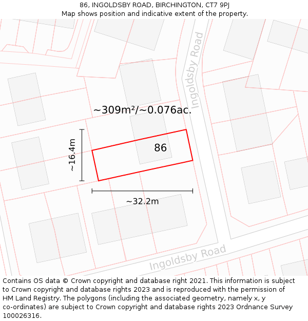 86, INGOLDSBY ROAD, BIRCHINGTON, CT7 9PJ: Plot and title map