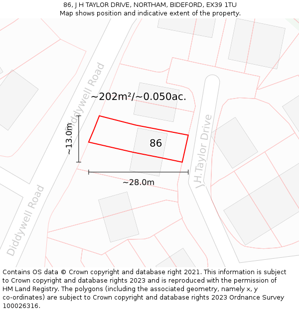 86, J H TAYLOR DRIVE, NORTHAM, BIDEFORD, EX39 1TU: Plot and title map