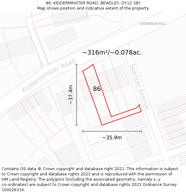 86, KIDDERMINSTER ROAD, BEWDLEY, DY12 1BY: Plot and title map