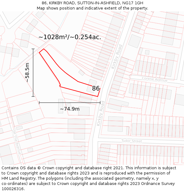 86, KIRKBY ROAD, SUTTON-IN-ASHFIELD, NG17 1GH: Plot and title map