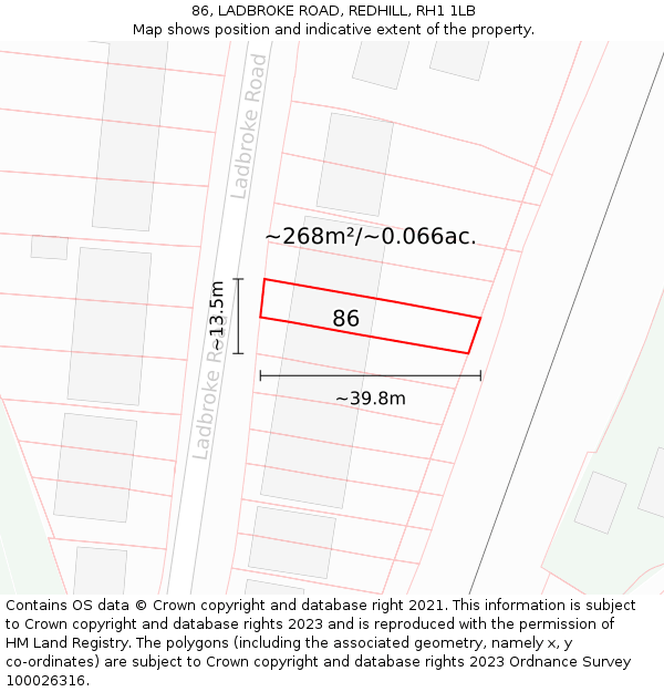 86, LADBROKE ROAD, REDHILL, RH1 1LB: Plot and title map