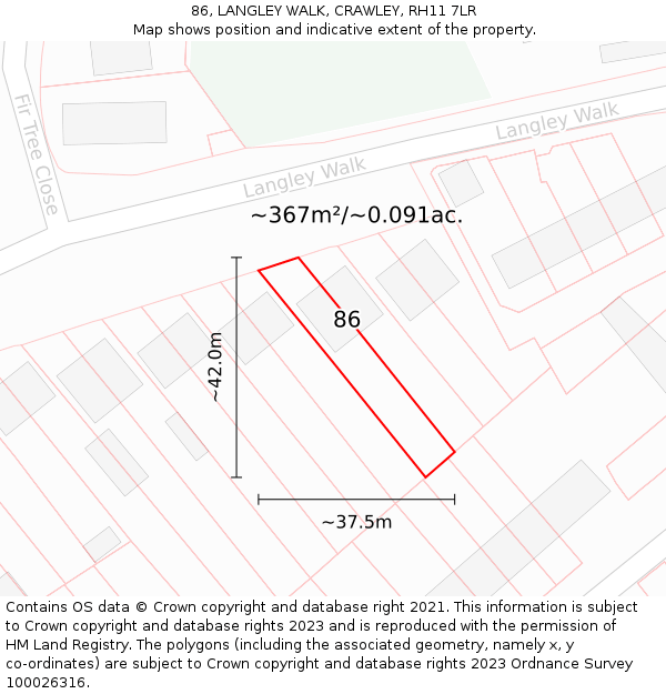 86, LANGLEY WALK, CRAWLEY, RH11 7LR: Plot and title map