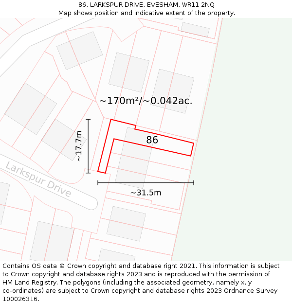 86, LARKSPUR DRIVE, EVESHAM, WR11 2NQ: Plot and title map