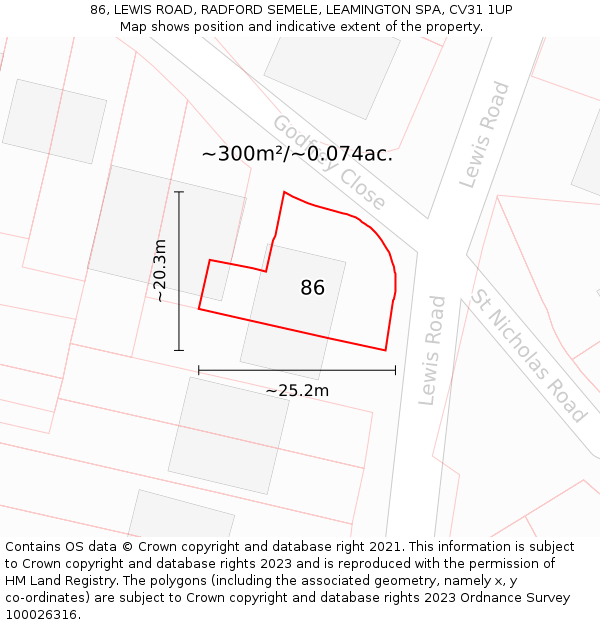 86, LEWIS ROAD, RADFORD SEMELE, LEAMINGTON SPA, CV31 1UP: Plot and title map