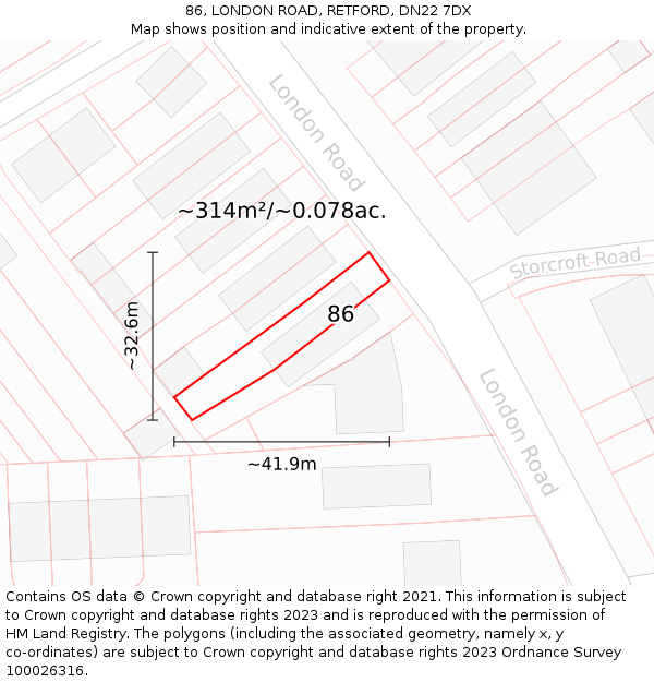 86, LONDON ROAD, RETFORD, DN22 7DX: Plot and title map