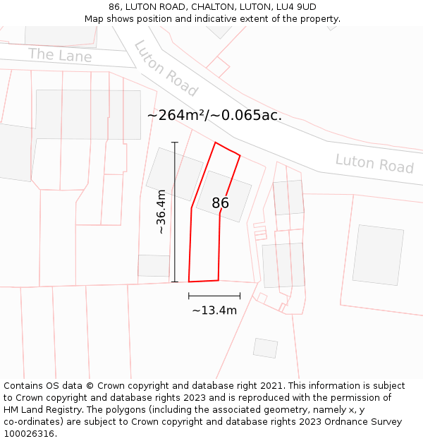 86, LUTON ROAD, CHALTON, LUTON, LU4 9UD: Plot and title map