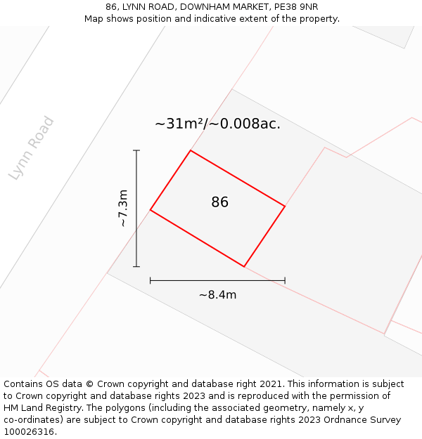 86, LYNN ROAD, DOWNHAM MARKET, PE38 9NR: Plot and title map