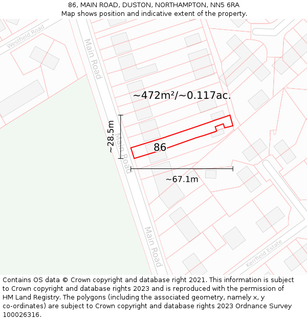 86, MAIN ROAD, DUSTON, NORTHAMPTON, NN5 6RA: Plot and title map