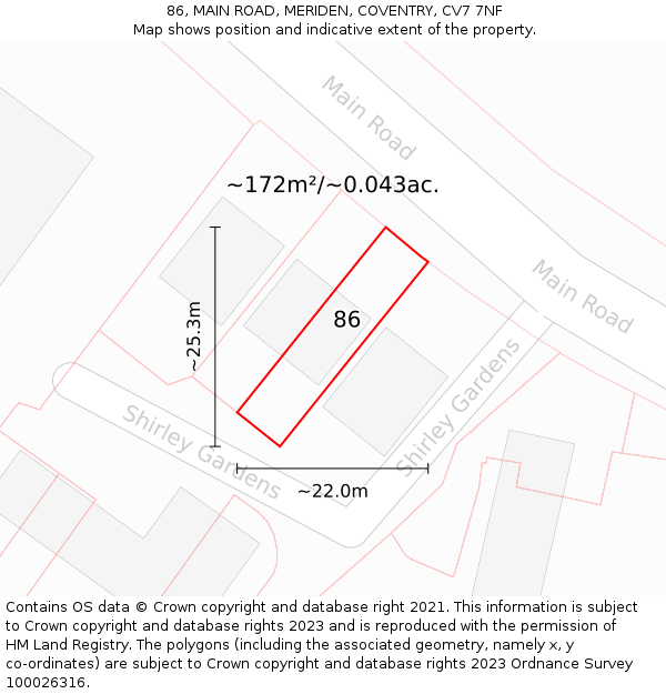 86, MAIN ROAD, MERIDEN, COVENTRY, CV7 7NF: Plot and title map