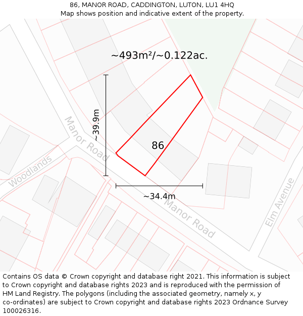 86, MANOR ROAD, CADDINGTON, LUTON, LU1 4HQ: Plot and title map