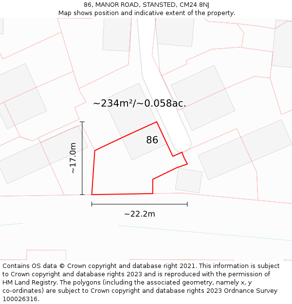 86, MANOR ROAD, STANSTED, CM24 8NJ: Plot and title map