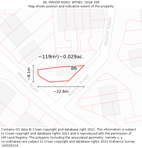 86, MANOR ROAD, WITNEY, OX28 3SR: Plot and title map