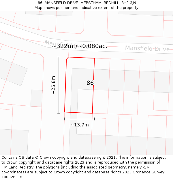 86, MANSFIELD DRIVE, MERSTHAM, REDHILL, RH1 3JN: Plot and title map