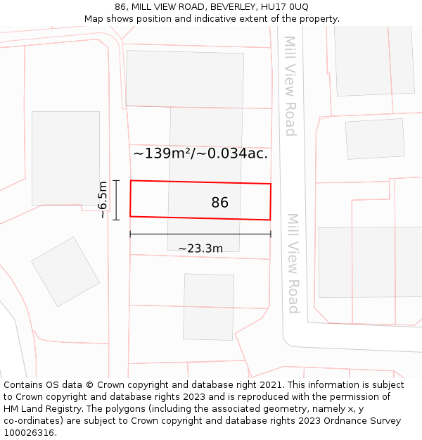 86, MILL VIEW ROAD, BEVERLEY, HU17 0UQ: Plot and title map