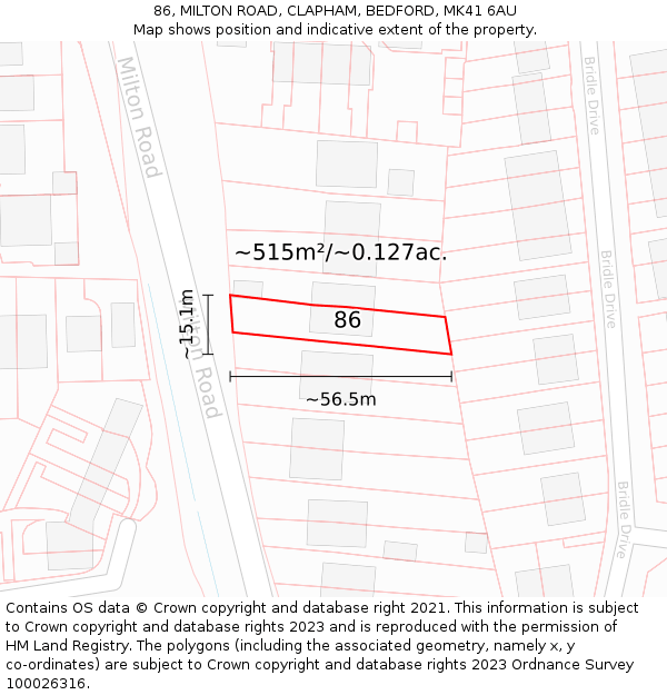 86, MILTON ROAD, CLAPHAM, BEDFORD, MK41 6AU: Plot and title map