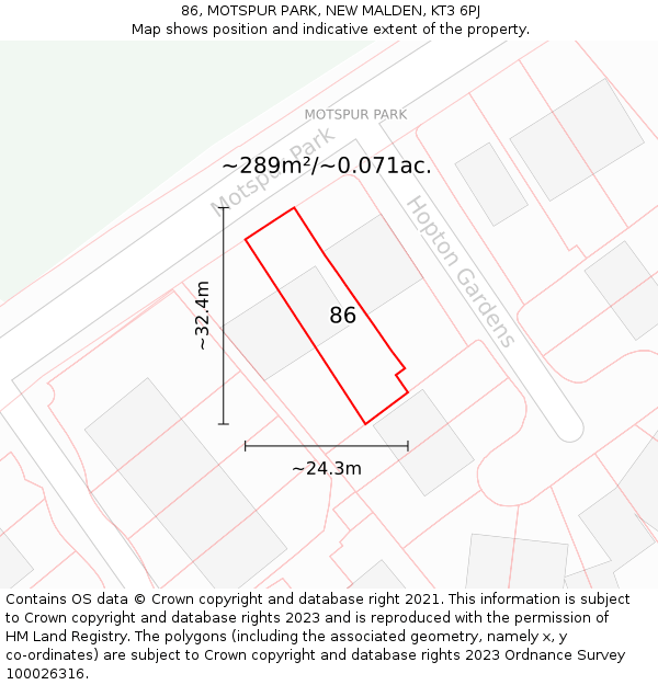 86, MOTSPUR PARK, NEW MALDEN, KT3 6PJ: Plot and title map