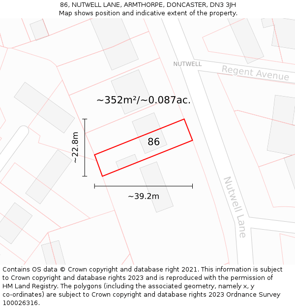 86, NUTWELL LANE, ARMTHORPE, DONCASTER, DN3 3JH: Plot and title map