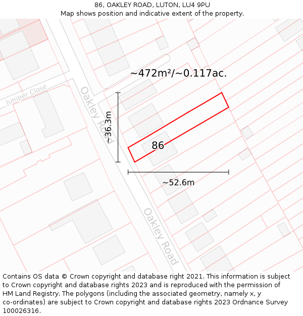 86, OAKLEY ROAD, LUTON, LU4 9PU: Plot and title map